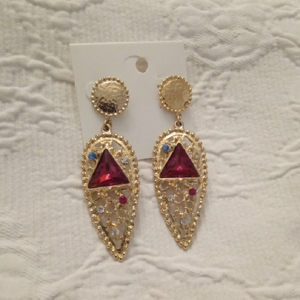 Women's Vintage Hammered Goldtone Earrings with Red and Blue Accents